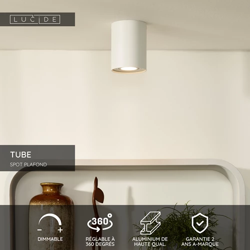 Lucide TUBE - Spot plafond - Ø 9,6 cm - 1xGU10 - Blanc - USP